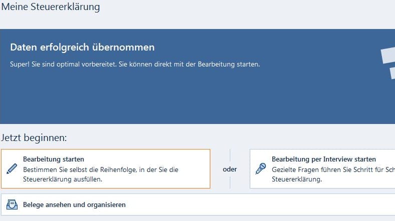Das übersichtliche Programm lässt uns die Wahl, wie wir die Steuererklärung ausfüllen wollen.