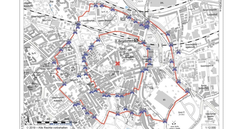 Der Evakuierungsradius: In Essen-Bochold ist eine britische Weltkriegsbombe entdeckt worden.