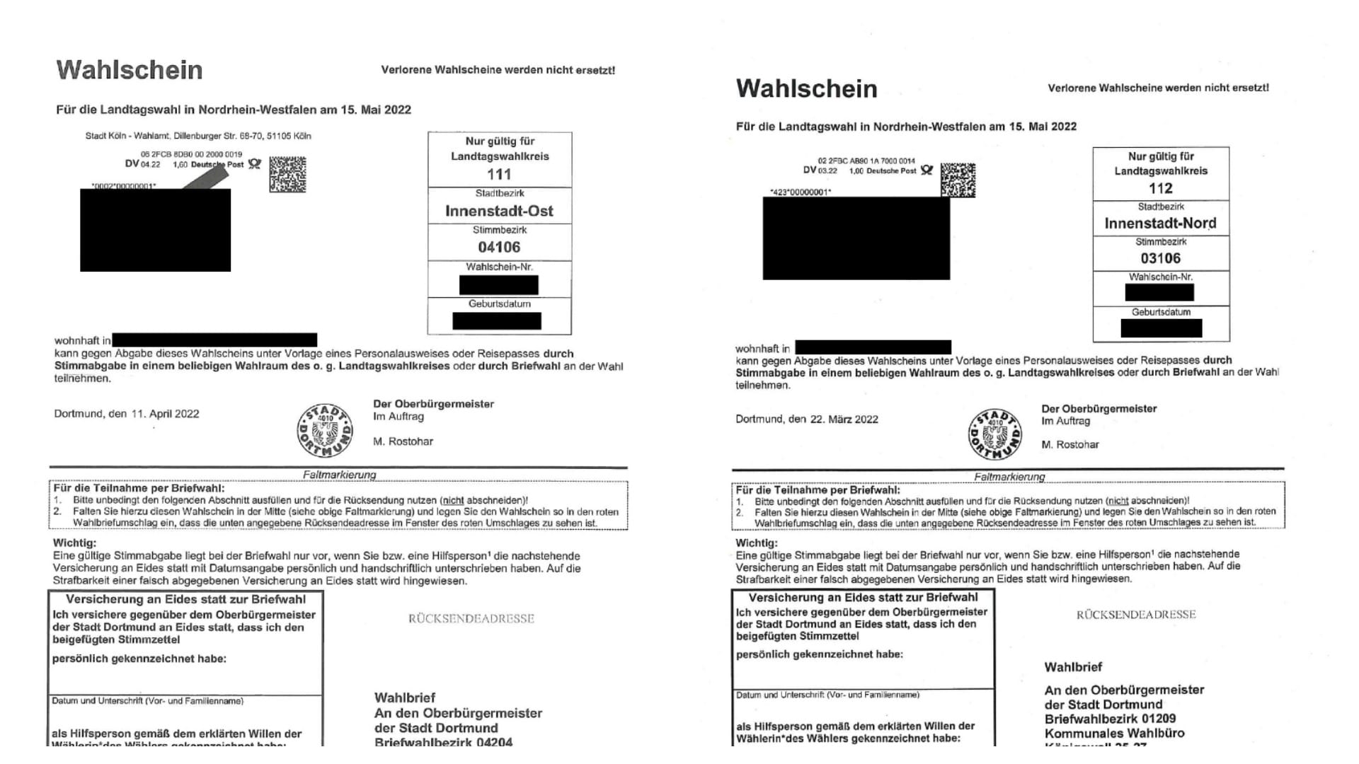 Der Wahlschein mit Fehler (l) und der Wahlschein ohne Fehler (r): Die Stadt teilt mit, dass der fehlerhafte Wahlschein trotzdem gültig ist.