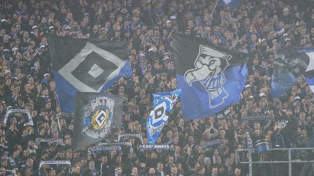 HSV-Fans stehen auf der Tribüne des Volksparkstadions.