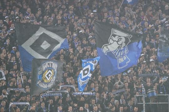 HSV-Fans stehen auf der Tribüne des Volksparkstadions.