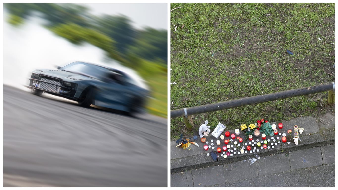 Ein Auto driftet, Kerzen am Unglücksort in Essen (Montage): Driften kann gefährlich sein.