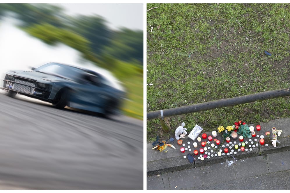 Ein Auto driftet, Kerzen am Unglücksort in Essen (Montage): Driften kann gefährlich sein.