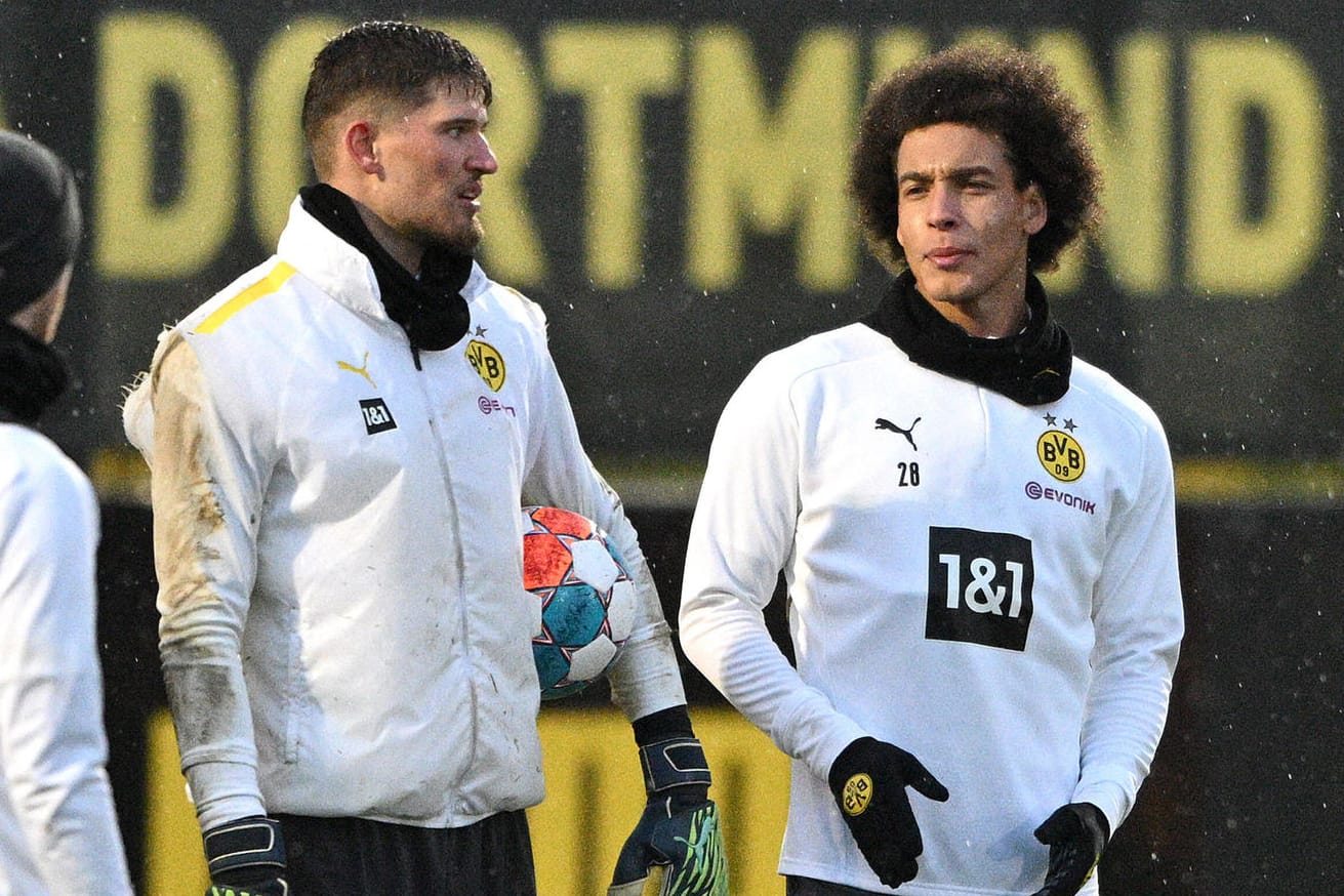 Gregor Kobel (M.) und Axel Witsel (r.): Die beiden Dortmunder Leistungsträger werden am Wochenende verletzungsbedingt nicht auflaufen.