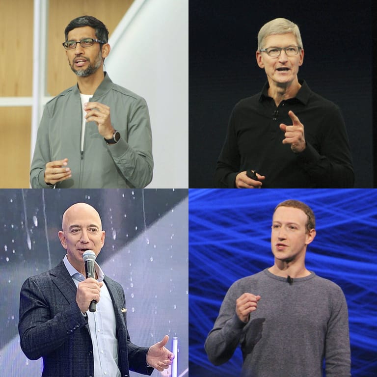 Sundar Pichai von Google, Tim Cook von Apple, Mark Zuckerberg von Facebook und Jeff Bezos von Amazon beherrschen das Internet.
