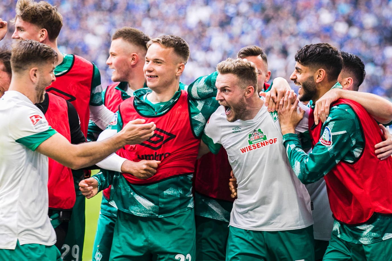 Bremer Jubeltraube: Die Werder-Spiele feiern auf Schalke das zwischenzeitliche 3:0 von Marvin Ducksch (M.).