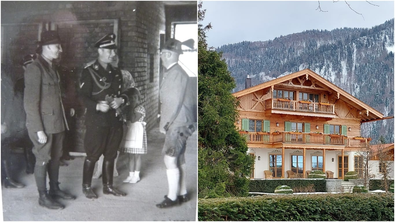 Reinhard Heydrich (links) und Heinrich Himmler (rechts) besichtigen mit Bauherr und SS-General Karl Wolff (Mitte) die Villa am Tegernsee während ihres Baus (Archivbilder): Heute gehört das Gebäude dem russischen Oligarchen Alisher Usmanow.