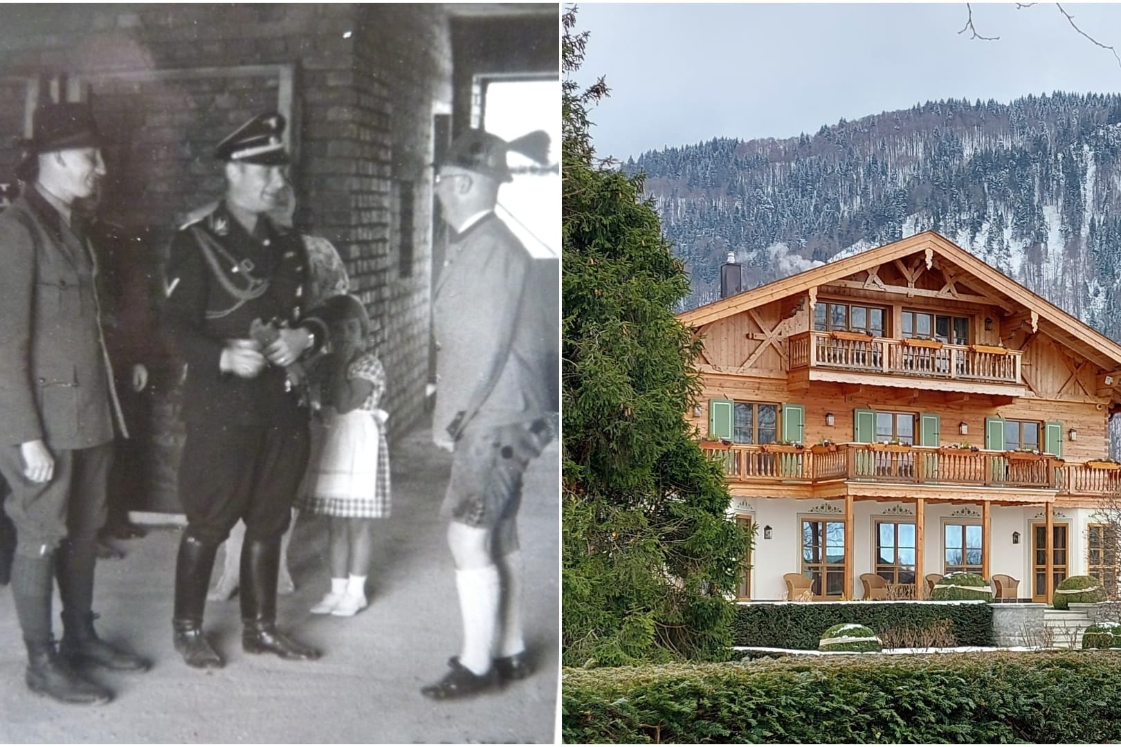 Reinhard Heydrich (links) und Heinrich Himmler (rechts) besichtigen mit Bauherr und SS-General Karl Wolff (Mitte) die Villa am Tegernsee während ihres Baus (Archivbilder): Heute gehört das Gebäude dem russischen Oligarchen Alisher Usmanow.