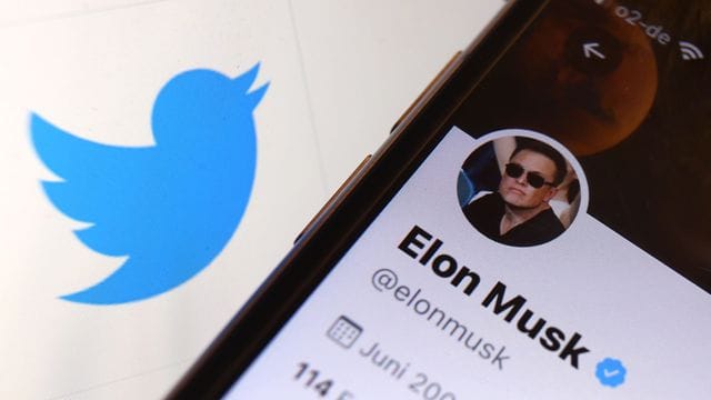 Der Twitter-Account von Elon Musk vor dem Logo der Nachrichten-Plattform Twitter.