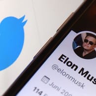Der Twitter-Account von Elon Musk vor dem Logo der Nachrichten-Plattform Twitter.