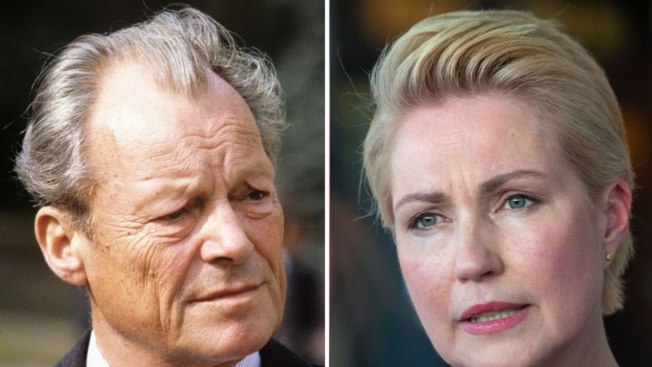 Die Bildkombo zeigt Willy Brandt (SPD), den früheren Bundeskanzler im Oktober 1979 und Mecklenburg-Vorpommerns Ministerpräsidentin Manuela Schwesig (SPD) vor wenigen Tagen in Stralsund.