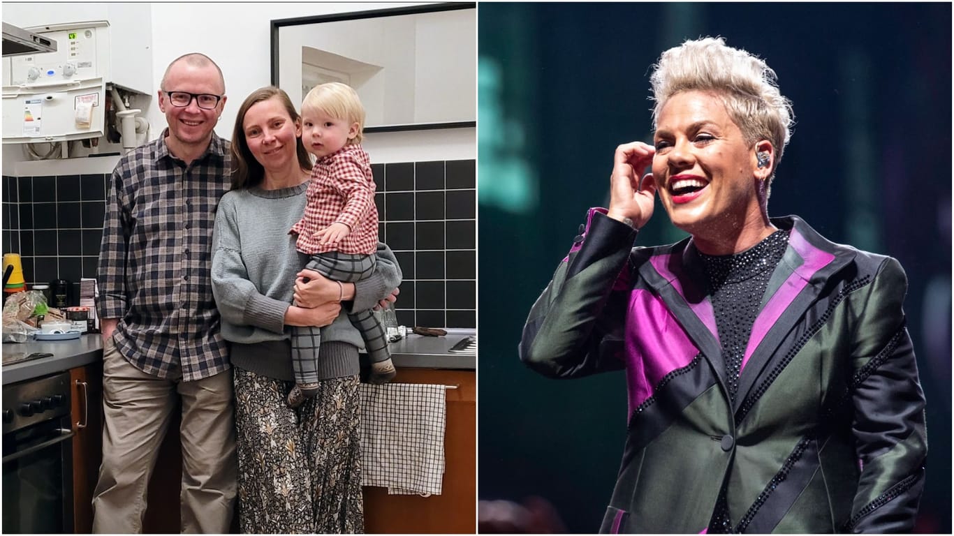 Die ukrainische Flüchtlingsfamilie und Popstar Pink: Dank der Sängerin haben die Geflüchteten nun eine Unterkunft in Berlin.