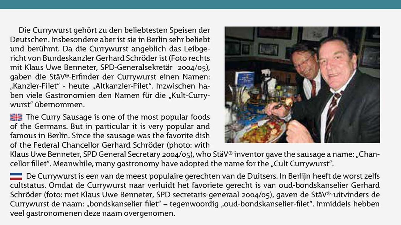 Die bisherige Speisekarte der "Ständigen Vertretung" zeigt Gerhard Schröder: Das Restaurant nimmt dieses Bild nach Kritik von der Karte.