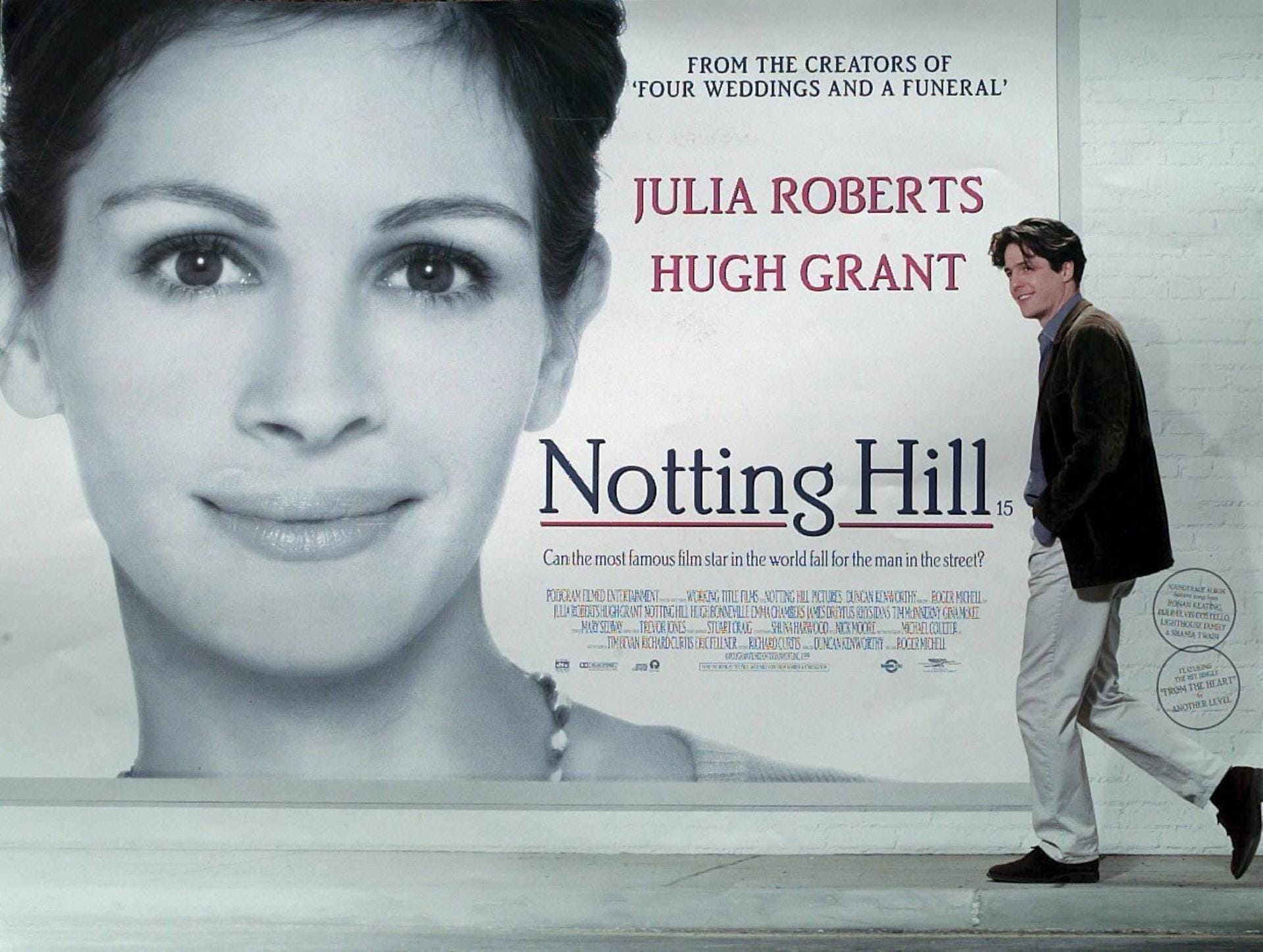 Notting Hill: Hugh Grant verliebt sich in seiner Rolle in einen Filmstar, der von Julia Roberts gespielt wird.