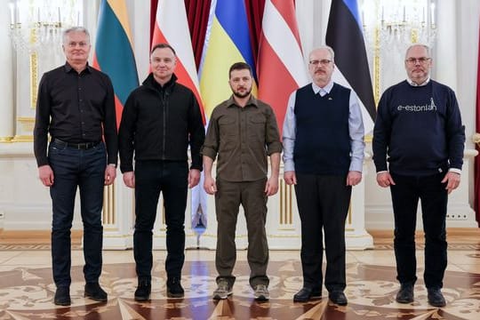 Gitanas Nauseda (l-r), Andrzej Duda, Wolodymyr Selenskyj, Egils Levits und Alar Karis posieren für ein Foto in Kiew.