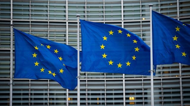 Flaggen der Europäischen Union wehen im Wind vor dem Berlaymont-Gebäude der Europäischen Kommission in Brüssel.