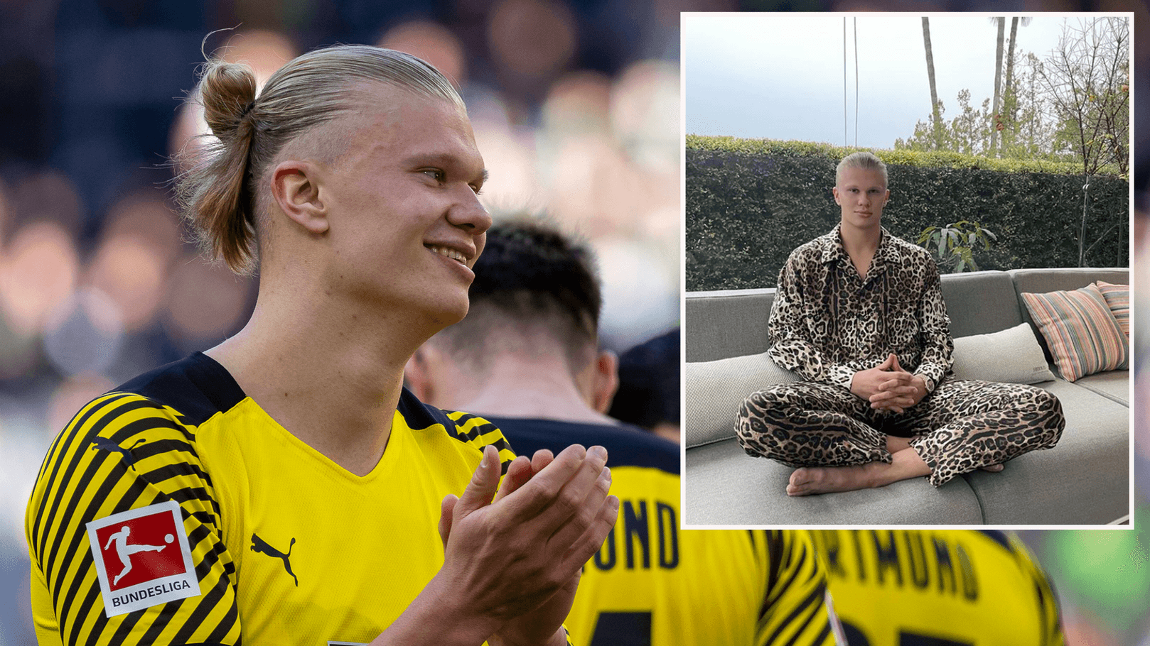 Erling Haaland: Links im BVB-Trikot, rechts einer seiner Instagram-Posts, in diesem Fall im auffälligen Pyjama.