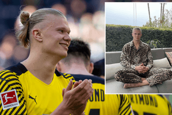 Erling Haaland: Links im BVB-Trikot, rechts einer seiner Instagram-Posts, in diesem Fall im auffälligen Pyjama.
