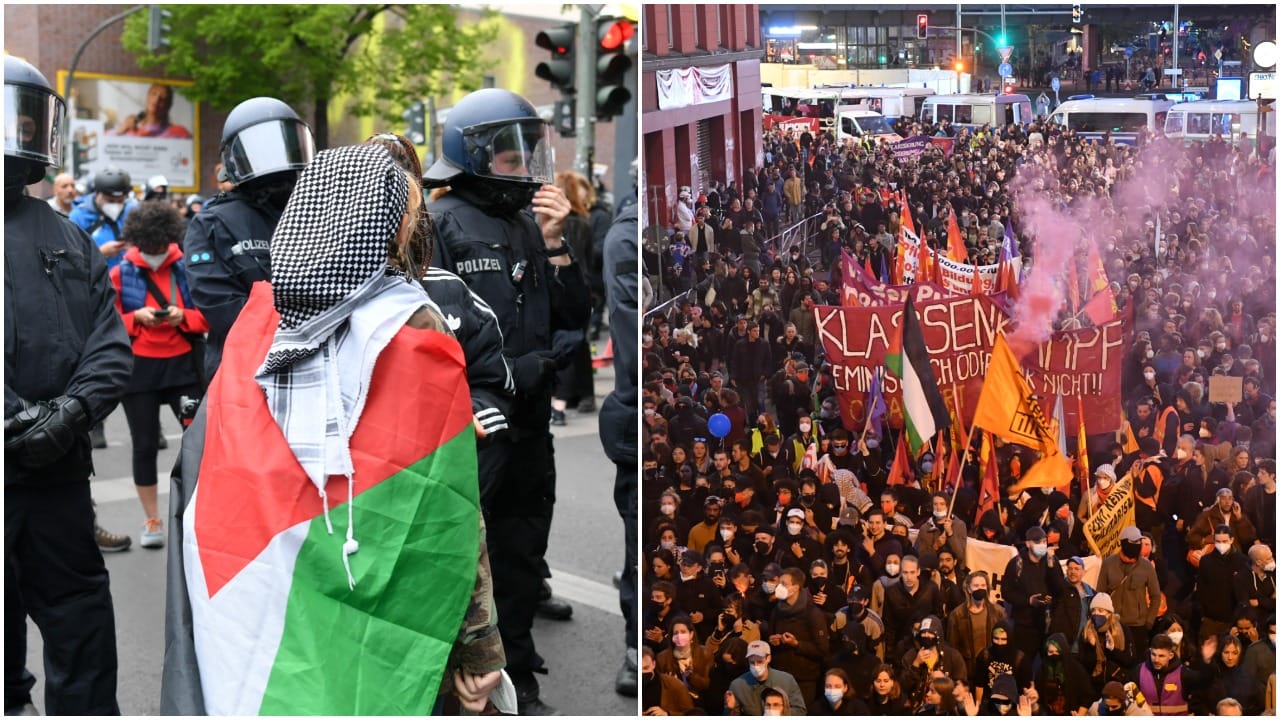 Eine Demo-Teilnehmerin trägt eine Palästina-Flagge um die Schultern und Blick auf der Protestzug der "Revolutionärer 1. Mai Demonstration" in Berlin: Auch hier kam es zu antisemitischen Äußerungen.