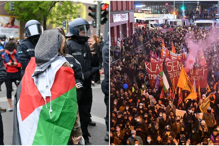 Eine Demo-Teilnehmerin trägt eine Palästina-Flagge um die Schultern und Blick auf der Protestzug der "Revolutionärer 1. Mai Demonstration" in Berlin: Auch hier kam es zu antisemitischen Äußerungen.