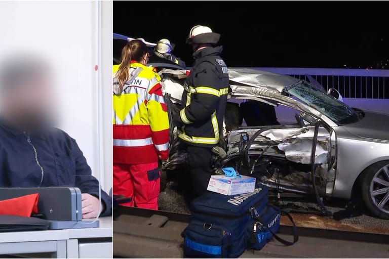Feuerwehrleute sind nach einem Unfall auf der Hamburger Köhlbrandbrücke im Einsatz (Bildmontage): Der Fahrer des Audis steht nun vor Gericht.