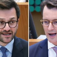 SPD-Spitzenkandidat Thomas Kutschaty (l) fordert Ministerpräsident Hendrik Wüst (CDU) heraus.