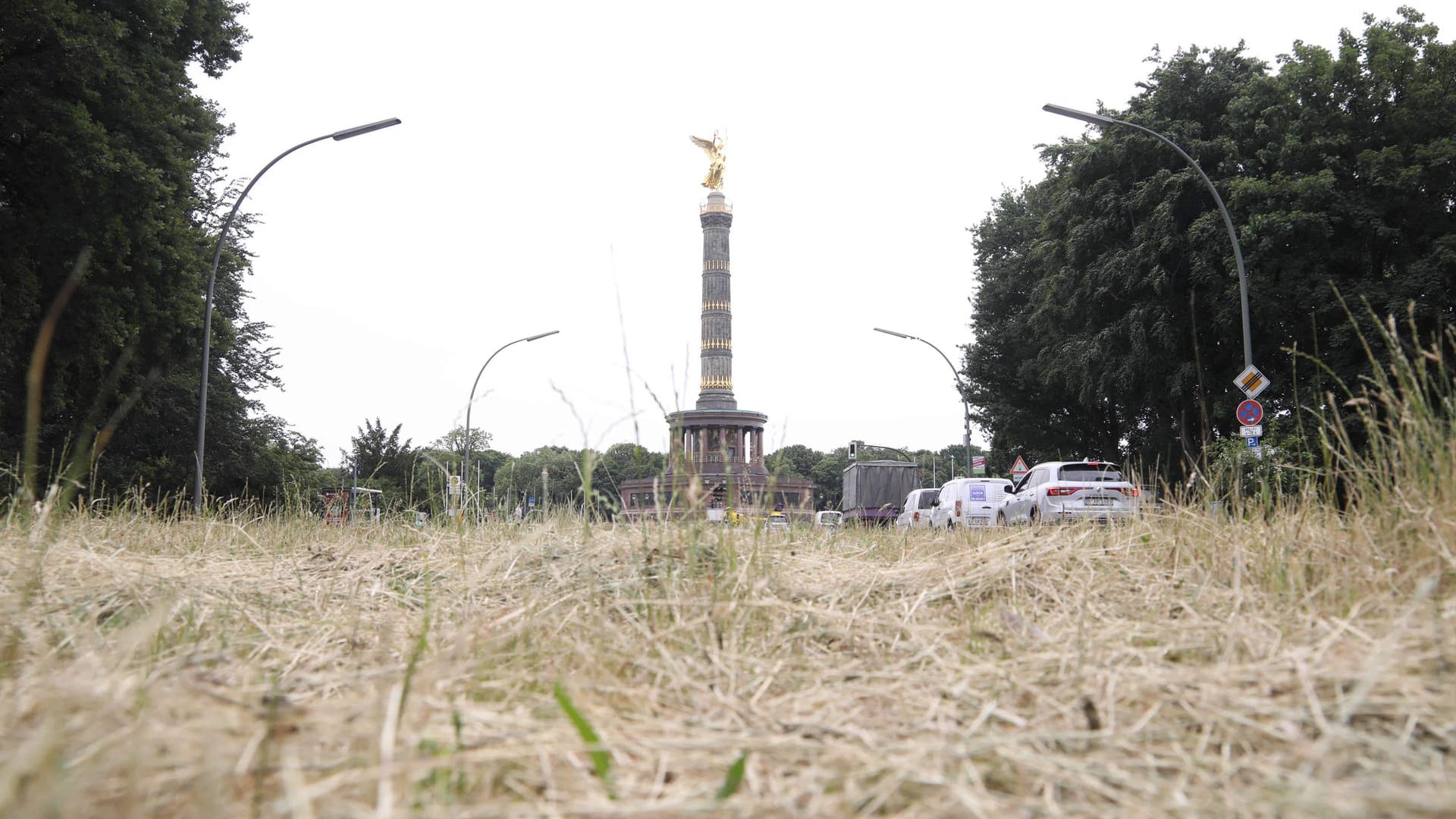 Trockener Grasstreifen vor der Siegessäule (Archivbild): Lange Trockenperioden machen der Stadtnatur zu schaffen.