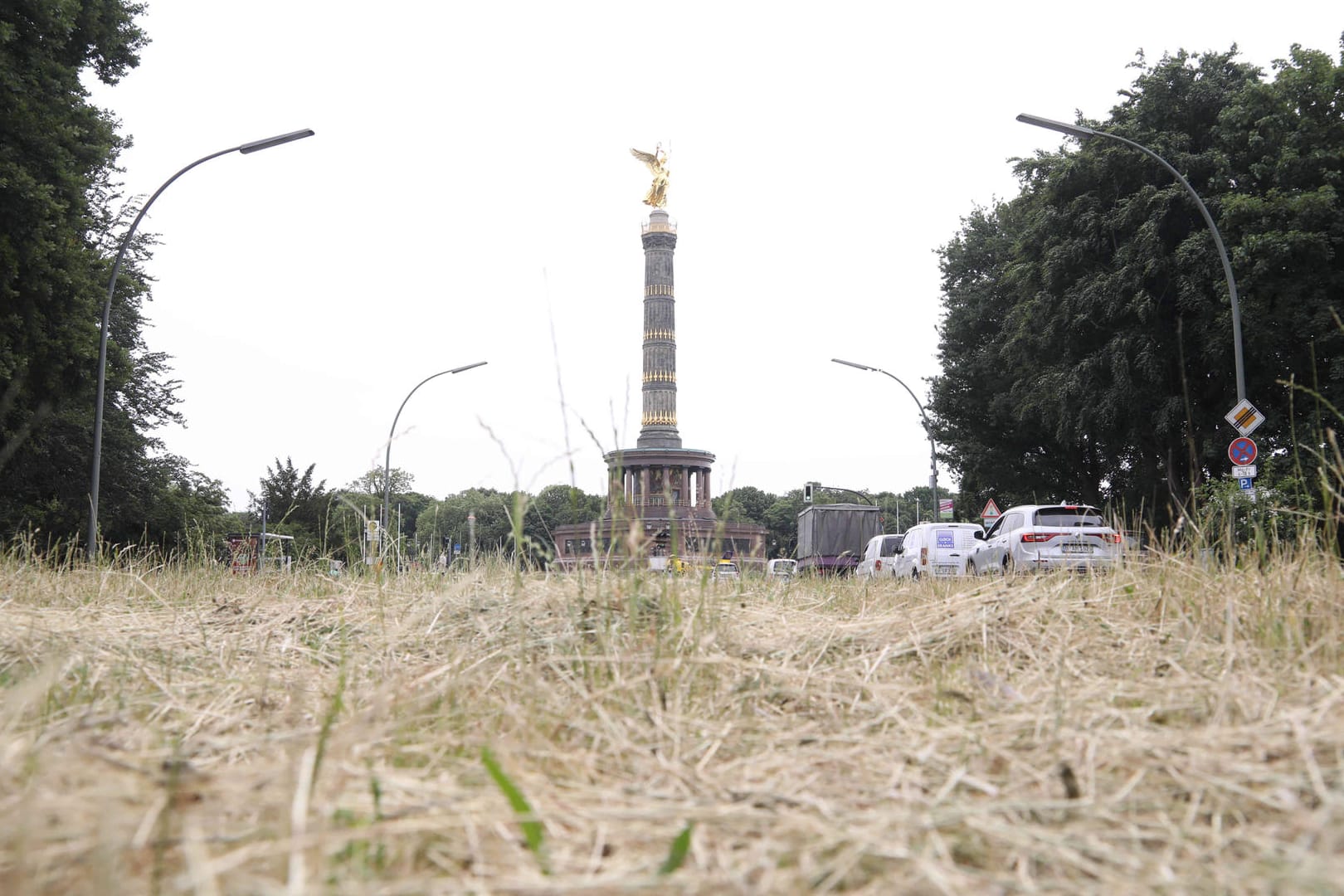 Trockener Grasstreifen vor der Siegessäule (Archivbild): Lange Trockenperioden machen der Stadtnatur zu schaffen.