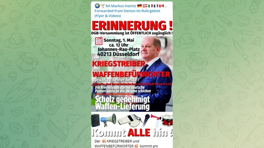 So mobilisierte eine Größe der Corona-Protestszene gegen einen Scholz-Auftritt in Düsseldorf: Der Kanzler wird als "Kriegstreiber" diffamiert.