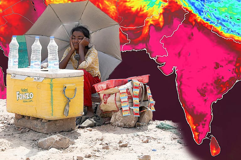 Hitze in Indien: Ein Mädchen verkauft am Straßenrand in Neu-Delhi Wasser und schützt sich vor der gleißenden Sonne.