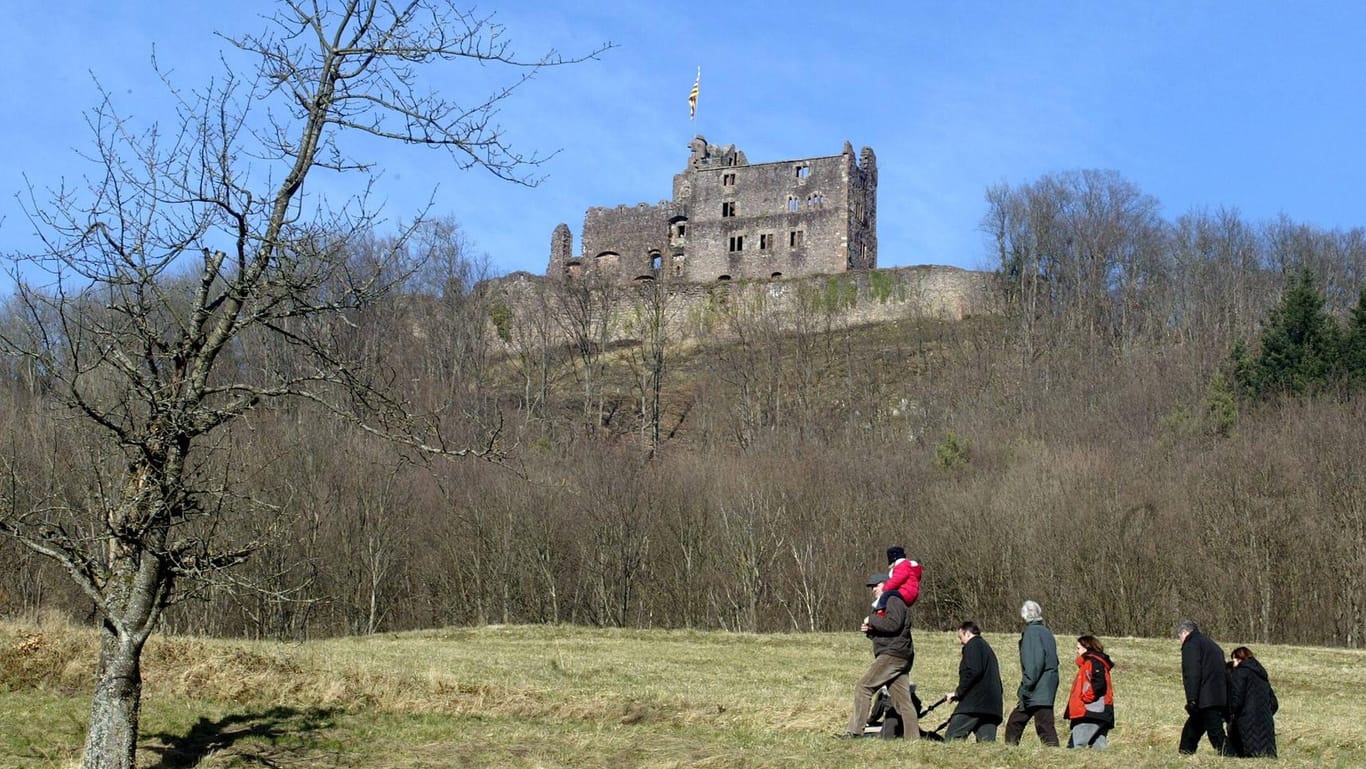 Spaziergänger vor einer Schlossruine bei der Gemeinde Seelbach (Archiv): Auf einem Wanderweg wurde der abgetrennte Kopf eines Tieres gefunden.