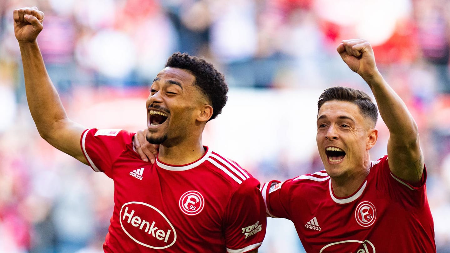 Emmanuel Iyoha (l.): Der Düsseldorfer traf zum 1:0, jubelt hier gegen Darmstadt.