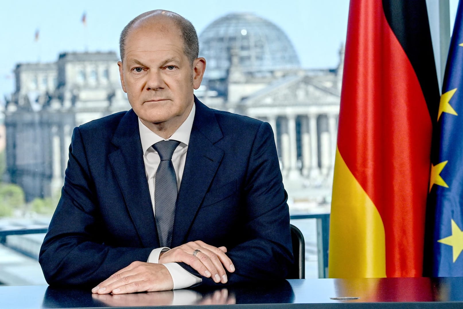 Olaf Scholz bei seiner TV-Ansprache: Er sendet zum Jahrestag des Endes des Zweiten Weltkriegs in Europa eine klare Botschaft.