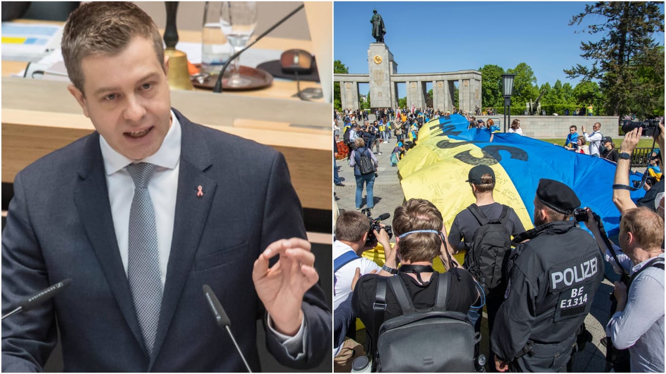 Berliner CDU-General Evers und Ukraine-Demo in Berlin (Montage): Der Politiker will gegen ein Flaggenverbot in der Hauptstadt klagen.