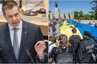 Berliner CDU-General Evers und Ukraine-Demo in Berlin (Montage): Der Politiker will gegen ein Flaggenverbot in der Hauptstadt klagen.