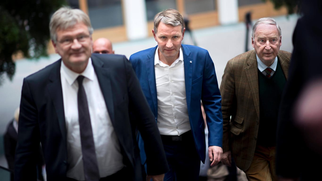 Björn Höcke (m.) mit Alexander Gauland (r.) und dem damaligen Vorsitzenden Jörg Meuthen: Wegen der Entwicklung der AfD hat Meuthen sein Amt aufgegeben.