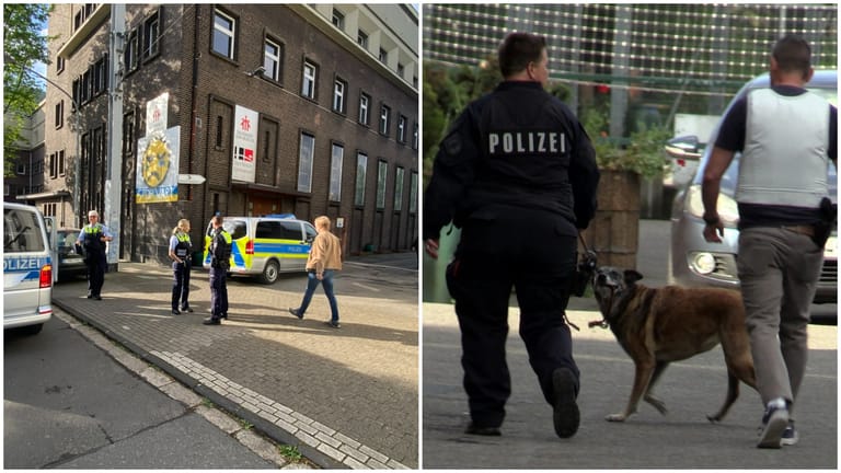 Polizeieinsatz in Essen (Montage von t-online): Die Einsatzkräfte waren an den Schulen und an dem Wohnhaus des 16-Jährigen vor Ort. Auch Spürhunde waren dabei.