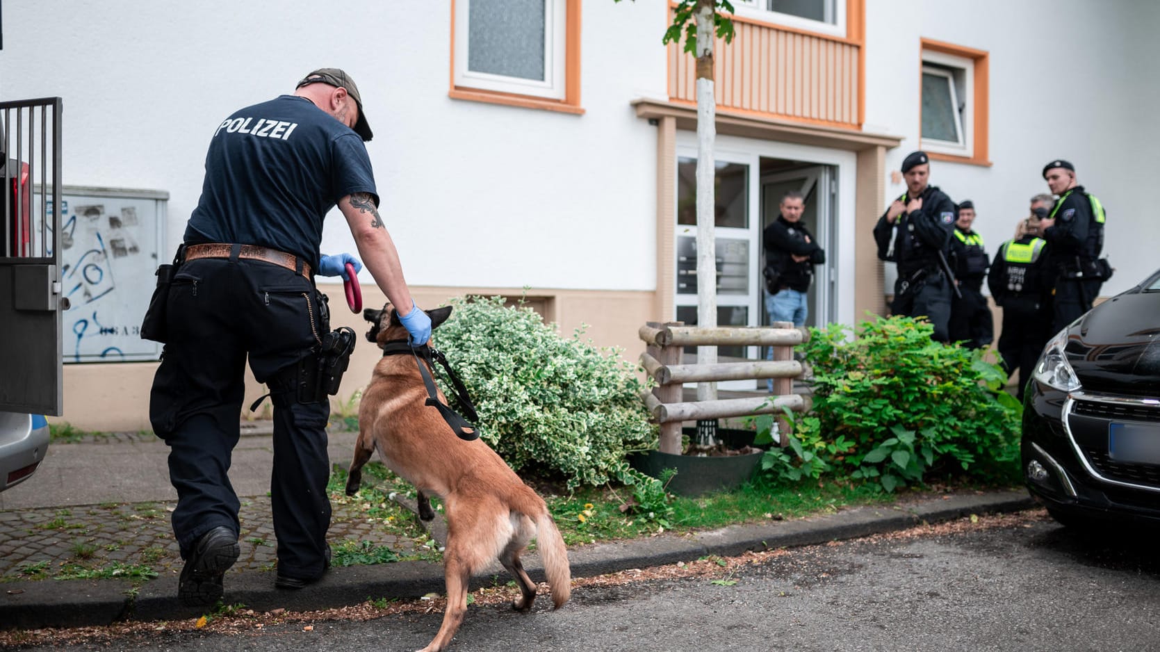 Ein Polizist mit Spürhund vor Wohnhaus des Tatverdächtigen: Bei dem 16-Jährigen wurden mehrere Waffen gefunden.