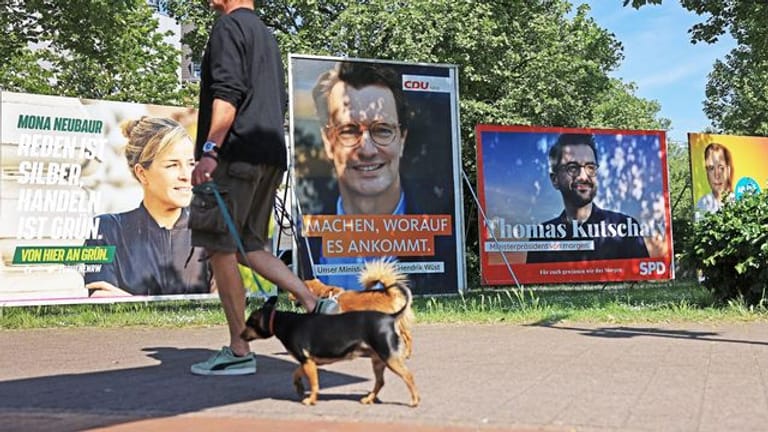 Wahlplakate von Grünen, CDU, SPD und FDP (l-r) stehen auf einer Wiese in Düsseldorf.