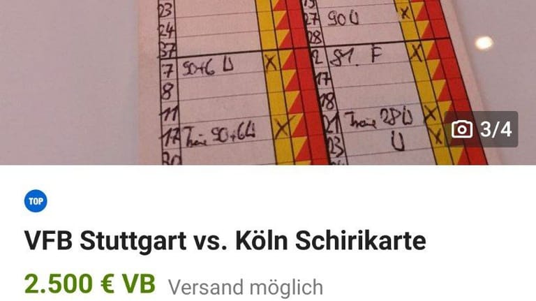 Ein Anbieter stellt die Schirikarte aus dem Spiel VfB Stuttgat gegen 1. FC Köln zum Verkauf.