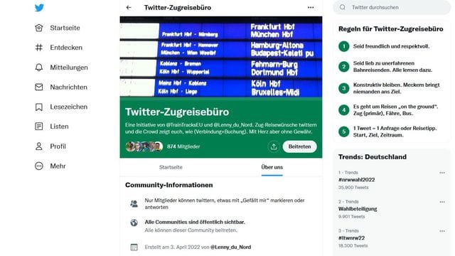 Mehr als Fachsimpeln: Die Community "Twitter-Zugreisebüro" bietet ganz konkrete Hilfe beim Ausarbeiten von Zugreisen an. Mehr als Fachsimpeln: Die Community "Twitter-Zugreisebüro" bietet ganz konkrete Hilfe beim Ausarbeiten von Zugreisen an.