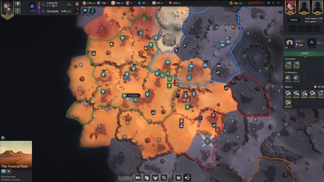 Spieler von "Dune: Spice Wars" müssen ihr Territorium ausdehnen und es gegen die oftmals aggressiven Nachbarn und Einheimischen verteidigen. Spieler von "Dune: Spice Wars" müssen ihr Territorium ausdehnen und es gegen die oftmals aggressiven Nachbarn und Einheimischen verteidigen.