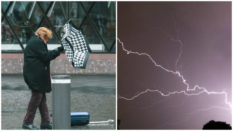 Eine Frau mit ihrem Regenschirm und Blitze (Montage): Für das Ruhrgebiet und NRW sind schwere Unwetter angekündigt.