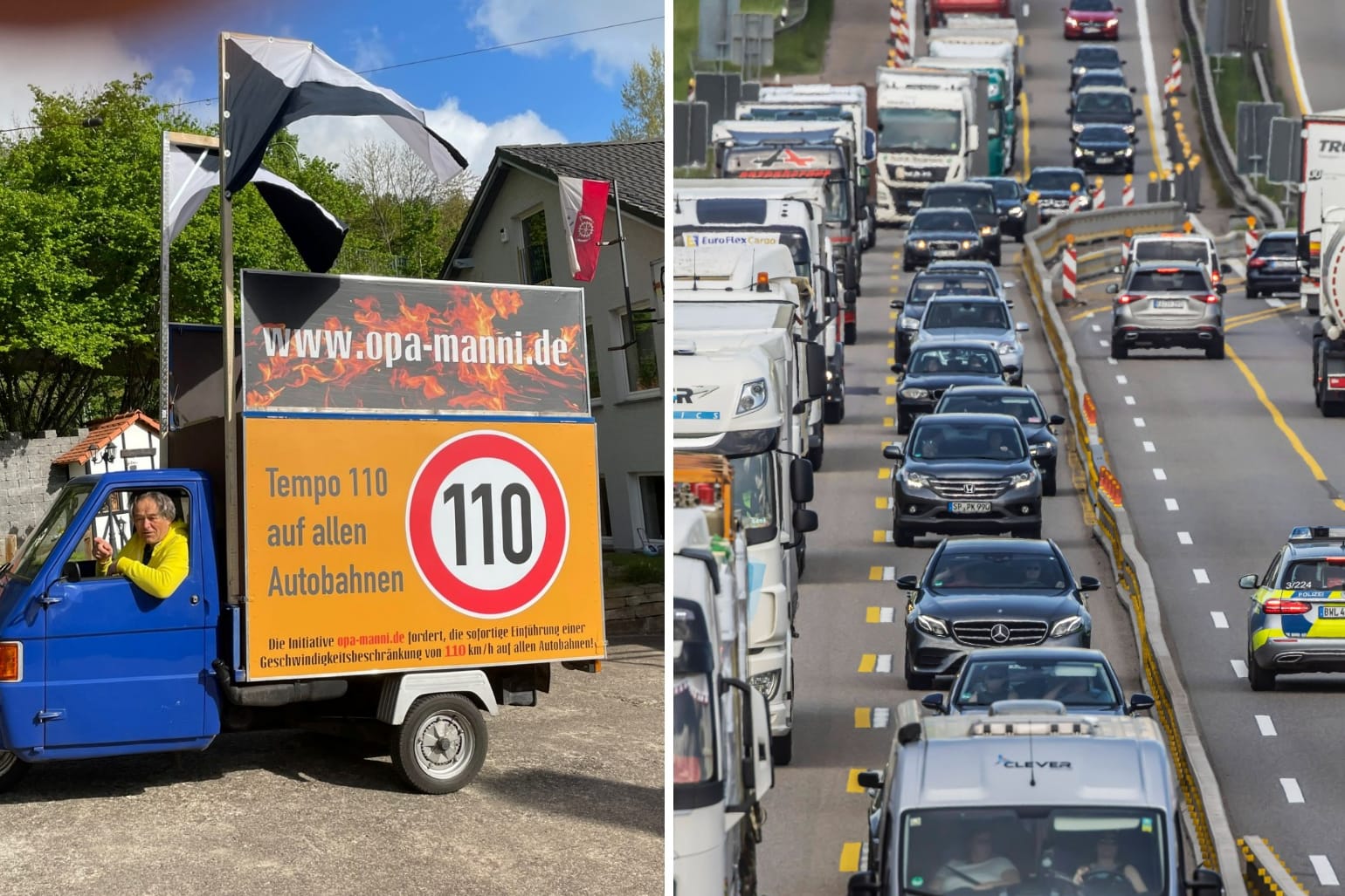 "Opa Manni" und eine Autobahn (Montage): Er kämpft auf eine besondere Art und Weise für das Tempolimit.