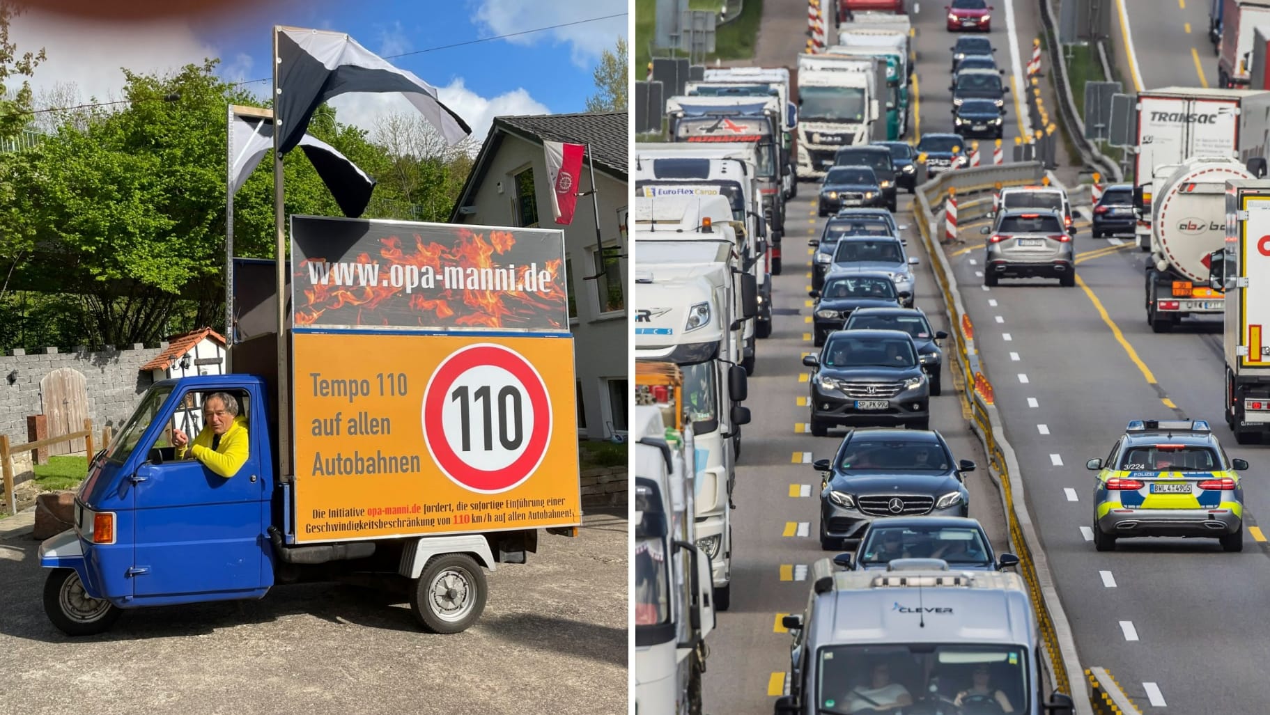 "Opa Manni" und eine Autobahn (Montage): Er kämpft auf eine besondere Art und Weise für das Tempolimit.