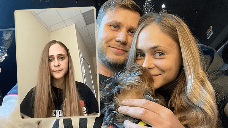 Bild aus glücklichen Zeiten: Hanna Polonska mit ihrem Ehemann Anton Polonskyj und Hund Mia. Anton ist tot, Hanna noch immer schwer verletzt.