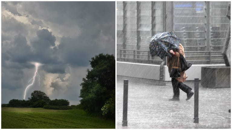Ein Blitz am Himmel und eine Person mit Regenschirm (Montage): Im Ruhrgebiet werden heftige Unwetter erwartet.