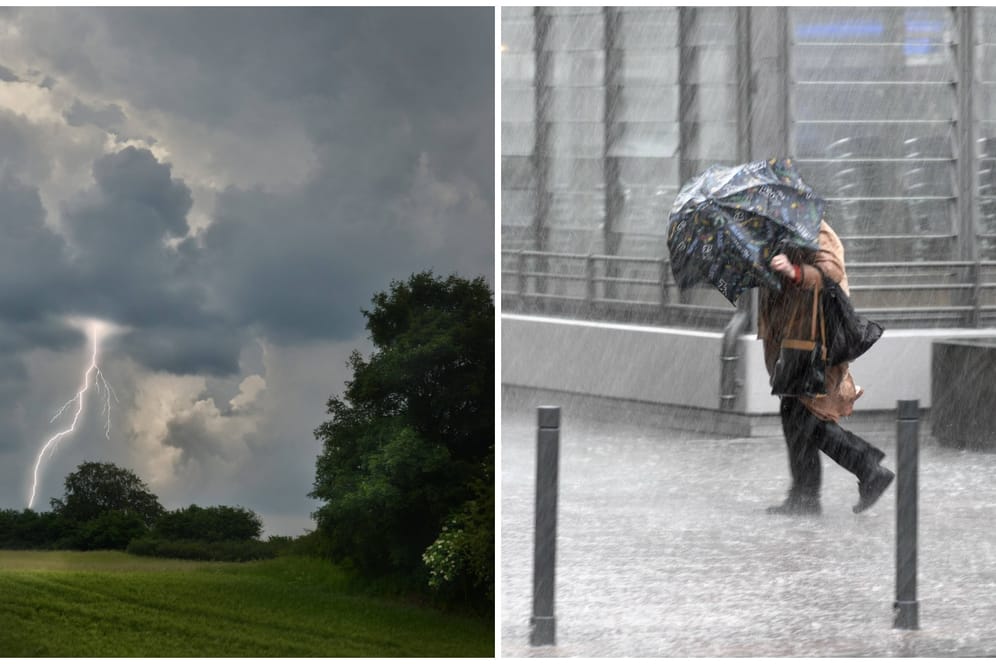 Ein Blitz am Himmel und eine Person mit Regenschirm (Montage): Im Ruhrgebiet werden heftige Unwetter erwartet.