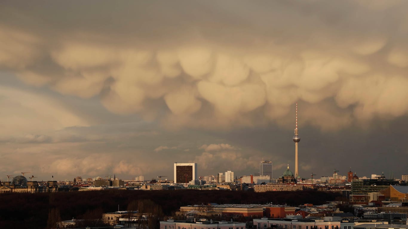 Gewitterwolken über der Berliner Skyline (Archivbild): Auf die Hauptstadt kommt weiterer Niederschlag zu.