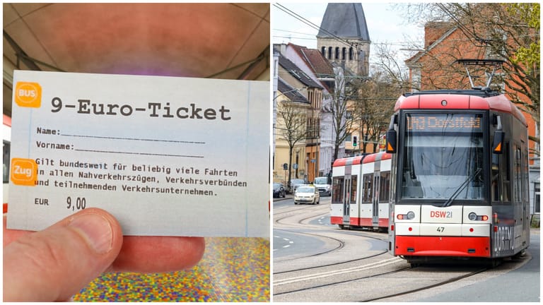 Ein 9-Euro-Ticket und eine Bahn in Dortmund (Montage, Symbolbild): Die örtlichen Verkehrsunternehmen sehen den Start des 9-Euro-Tickets entspannt entgegen.